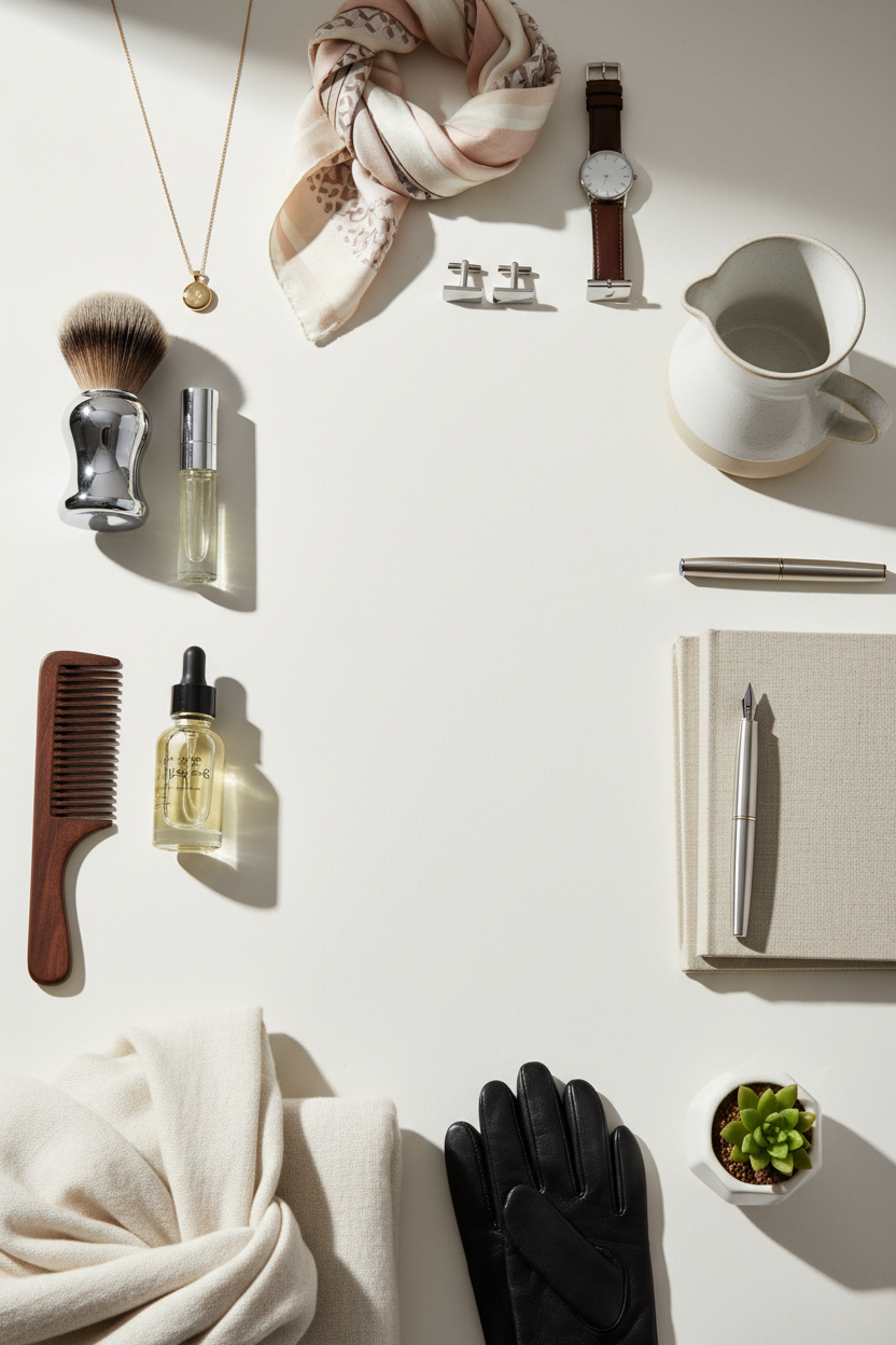 Create a premium e-commerce mobile banner image for an online general store.
Clean, modern, minimalist design with a luxury feel.
Show high-quality everyday products (fashion accessories, grooming items, lifestyle products) arranged neatly.
White or light neutral background, soft natural lighting, realistic shadows.
Professional studio photography style, ultra-realistic, sharp focus.
Plenty of empty space in the center for text overlay.
Mobile-first composition, vertical framing.
No text, no logo, no waterm